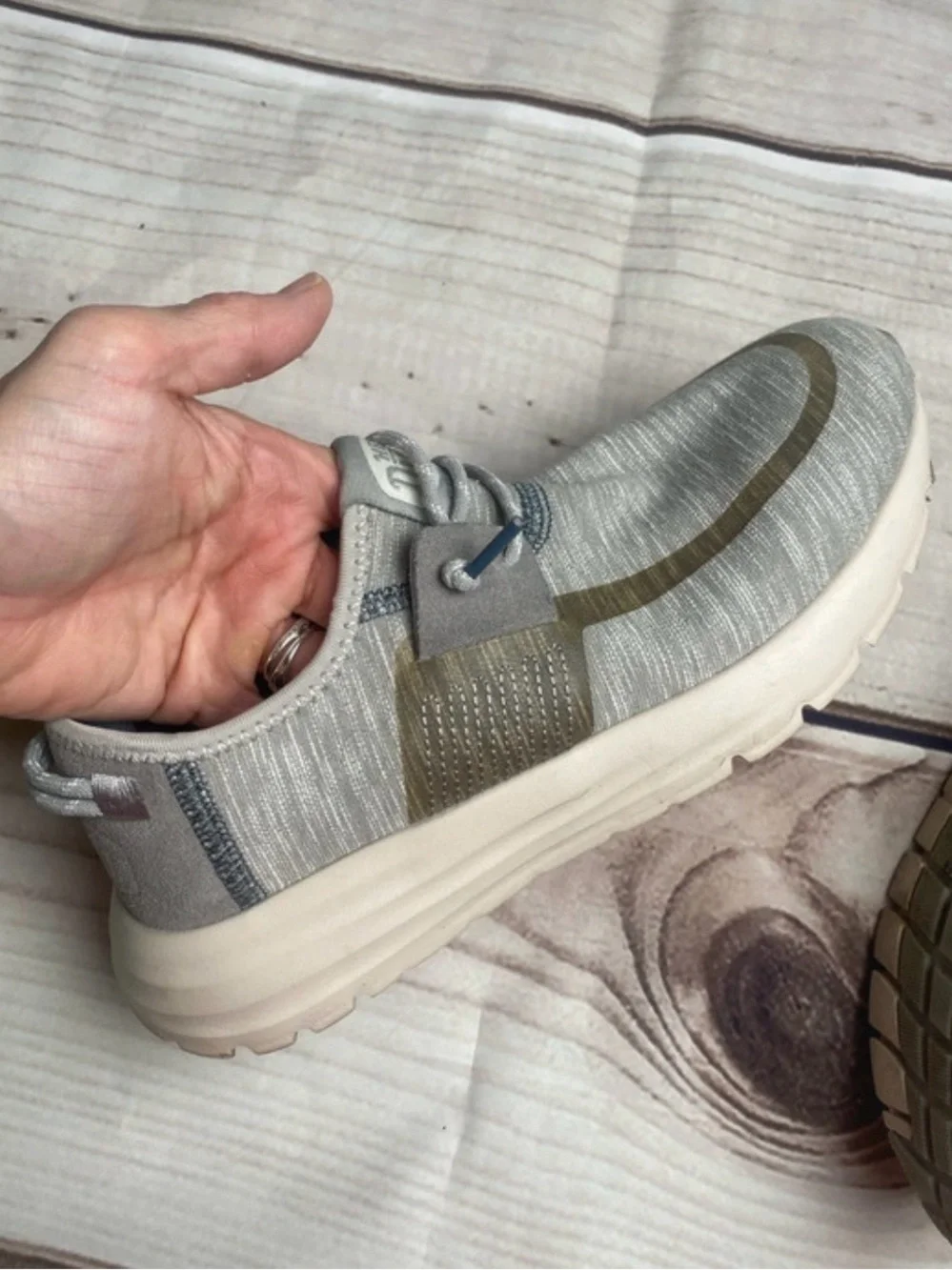 Hey Dude sirocco Gray Knit Slip-Ons with gold  Stripe women’s 6 EUC